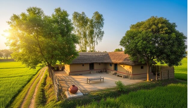 Rustic clay house with brown roof surrounded by green trees and grassy fields at sunset
