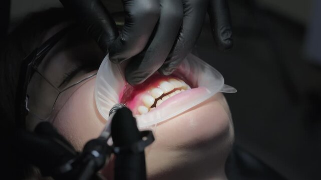 Dentist in black gloves carefully applying a red anesthetic or treatment gel to the patient's upper gums using a syringe before a dental procedure in a modern stomatology clinic