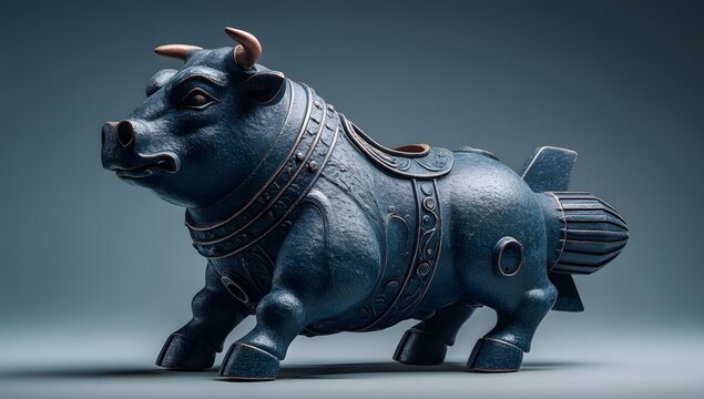 Ancient bronze bull statue sculpture.