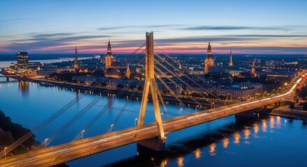 Obraz premium Captivating Cityscape Illuminated at Dusk Featuring a Modern Bridge
