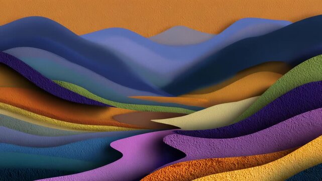13Layered paper-cut style abstract landscape of curved shapes stacked in depth, bold contrasting colors and soft shadows creating dimensional modern design