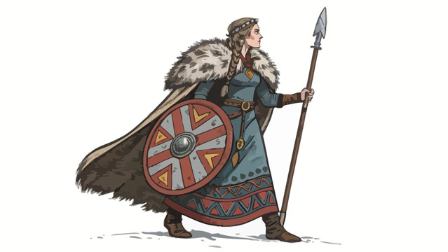Illustrative depiction of a strong determined norse woman warrior in authentic viking attire holding a spear and shield exuding courage and readiness for battle standing against a stark white