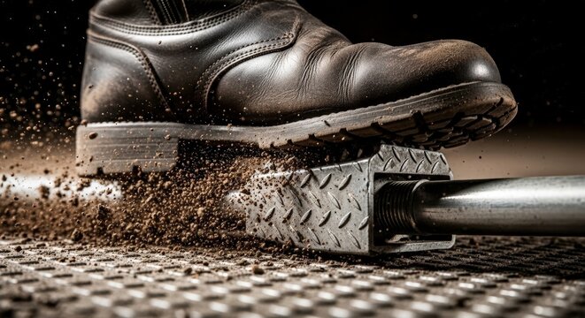 Leather boot crushing metal plate ground.