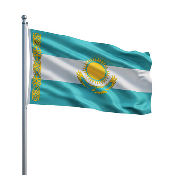 A realistic depiction of the national flag of kazakhstan waving gently on a flagpole on transparent background high quality professional detailed modern elegant