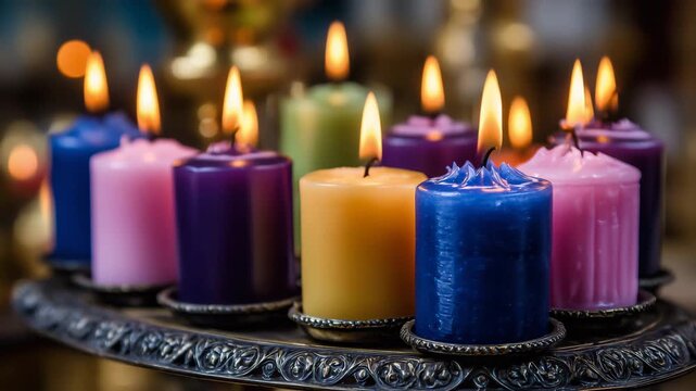 122Close-up of colorful wax candles burning together during Orthodox Easter night service