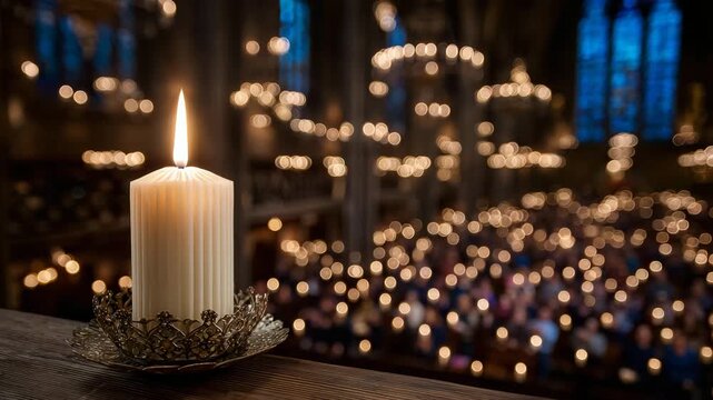 133Close-up of the glowing flame of a Paschal candle held against a dark church filled with hundreds of candlelights