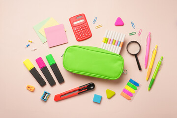 School stationery, school supplies on colored background.