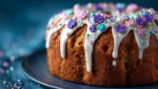 156Close-up of kulich bread topped with white icing dripping down its sides, colorful sugar decorations sparkling