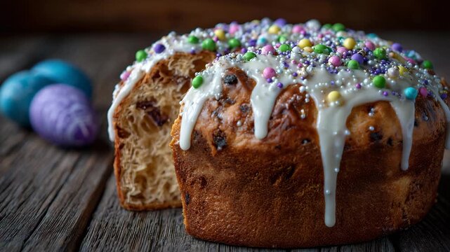 157Close-up of kulich bread topped with white icing dripping down its sides, colorful sugar decorations sparkling