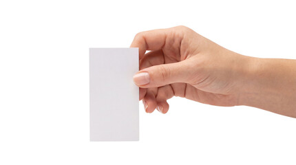 Obraz premium Female hand holding a blank white vertical business card mockup isolated on a white background, Isolated on Transparent Background, png.