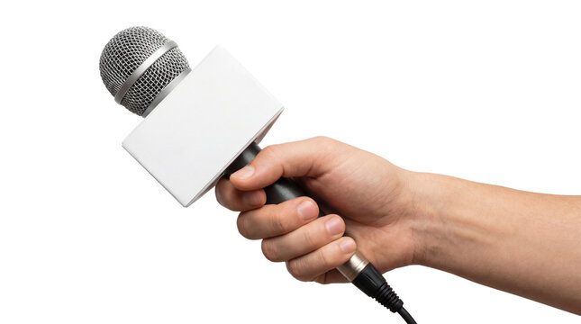 Hand holding a blank microphone with copy space for logo, reporting news and interviews concept, Isolated on Transparent Background, png.