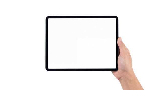 A hand holding a blank tablet with a white screen horizontally, Isolated on Transparent Background, png.