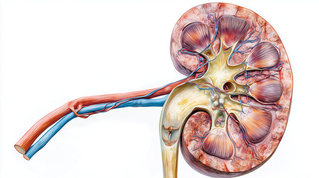Photorealistic cross section of human kidney anatomy isolated on white