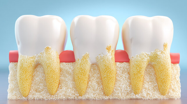 Three human teeth with tartar buildup along gum line