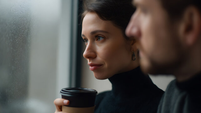 Woman hold hot drink near rainy window with man beside her. Thoughtful female look at the cityscape in contemplation with a friend