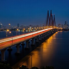 Obraz premium Captivating Suspension Bridge Illuminated at Dusk With Streaking Lights