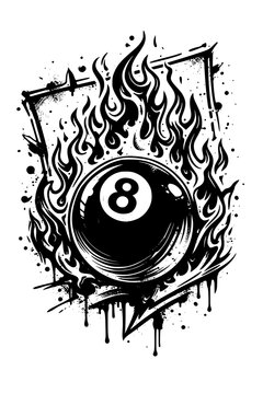flaming eight ball tattoo design with graffiti