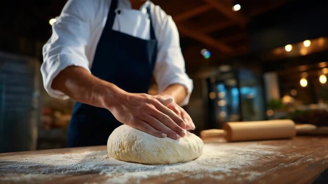 317Close-up of a baker kneading dough on a floured wooden table in a bakery kitchen