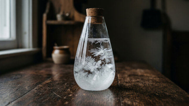 Storm glass weather predictor with crystalline formations in sealed glass vessel