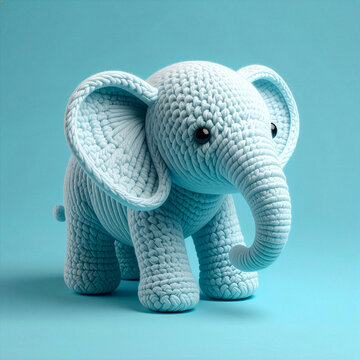 A cute handmade light blue crocheted elephant toy. Adorable stuffed animal for children, isolated on a pastel blue background. Charming character with big ears and a trunk for nursery decor.