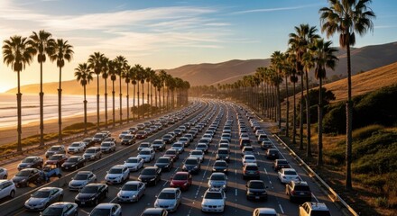 Fototapeta premium Coastal Highway Congestion Underneath Palm Trees At Sunset