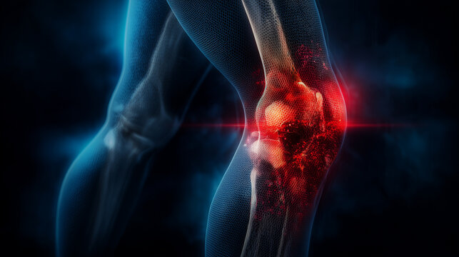 Comparative medical illustration of healthy knee and degenerative arthritis
