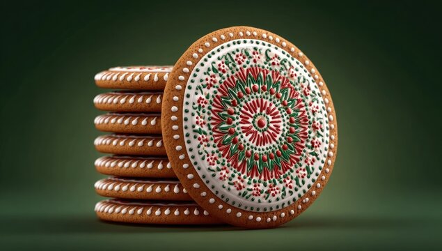 Decorated gingerbread cookies stacked on green background culinary treats