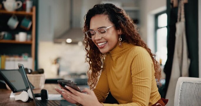 Woman, smile and remote work with phone in kitchen for communication, funny email and freelance trading. Investor, reading and laugh with tech at home for investment, growth and stock market research