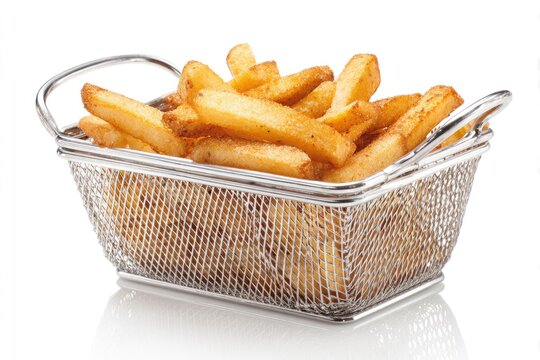 Golden french fries in wire basket isolated on white background