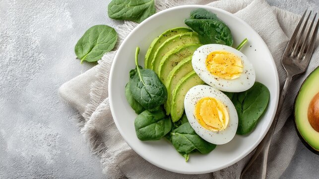 Healthy breakfast salad with avocado eggs and spinach on white plate
