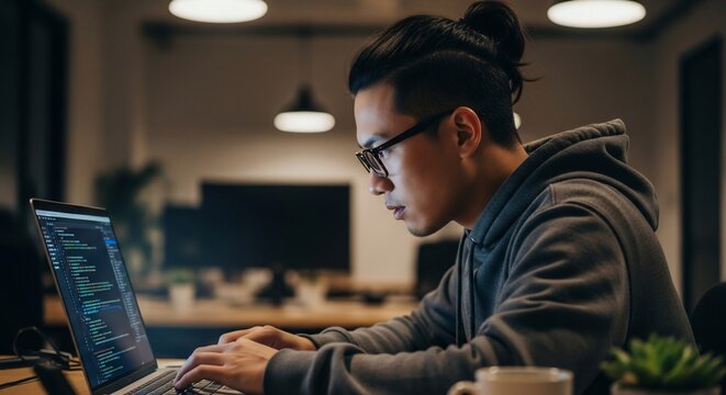 Man coding at laptop