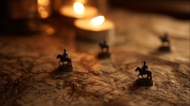 Strategy Development on Old Map with Miniature Knights and Warm Candlelight: Quest, Adventure, and Tactical Planning Concept