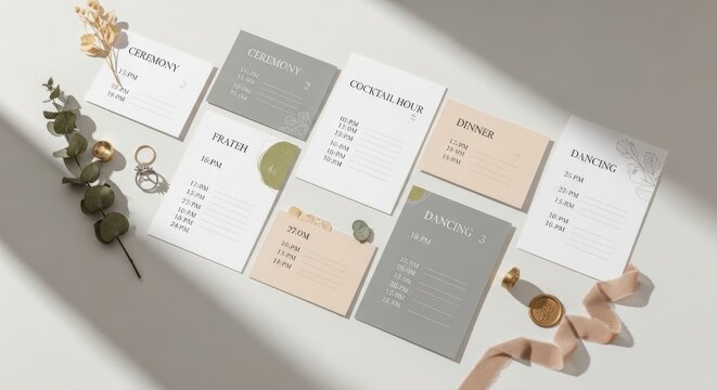 Wedding invitation set with schedule cards, rings and dried flowers on white background. Elegant stationery arrangement for marriage event planning. Minimalist celebration detail.