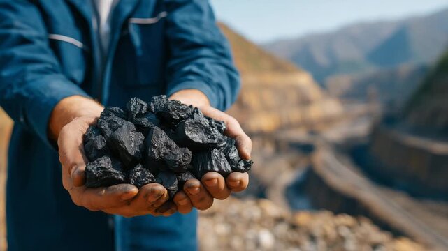 Ultra-high-detail close-up of a handful of raw black coal at an industrial mine, worker&rsquo;s hand centered in frame, gritty textures and dust emphasized, expansive mine landscape behi