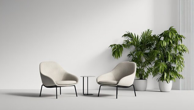 Modern interior with chairs table and plants on a white background