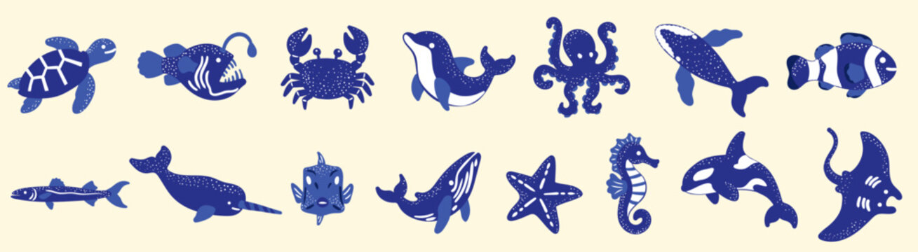 marine animals and sea creatures vector elements hand drawn fish turtle whale crab octopus stingray seahorse for educational posters and stickers