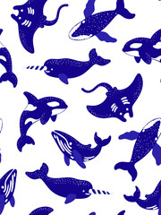 blue and white seamless pattern with hand drawn marine animals including orca whale narwhal and manta ray for nursery decor and fabric print design © pani_Nadichka