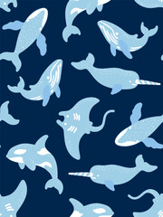 seamless marine pattern with whales narwhals and stingrays hand drawn ocean mammals on dark blue background for nursery textile design © pani_Nadichka