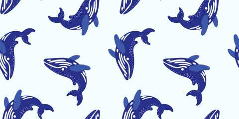 seamless pattern with hand drawn blue whale illustrations on white background for marine textile nursery decor and wrapping paper © pani_Nadichka
