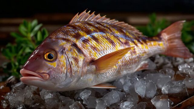 Whole snapper on ice, scales shining in reddish-gold hues, scattered ice cubes, fresh from lake or sea