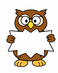 Obraz premium Wise owl holding an empty starburst label in a cute cartoon style. Friendly bird vector isolated on white for badges, announcements, promotions, education, and children design.