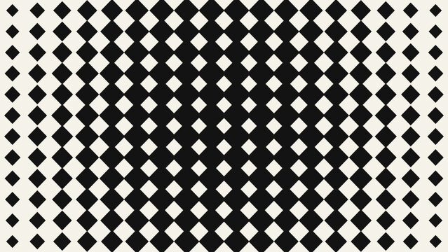 Halftone pattern dynamic black and white geometric diamond grid with a seamless fading gradient effect, creating a modern abstract optical illusion background texture for contemporary designs.
