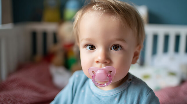 Cute little baby with fair hair and brown eyes looks directly at camera, holding a pink pacifier in mouth, from inside a crib