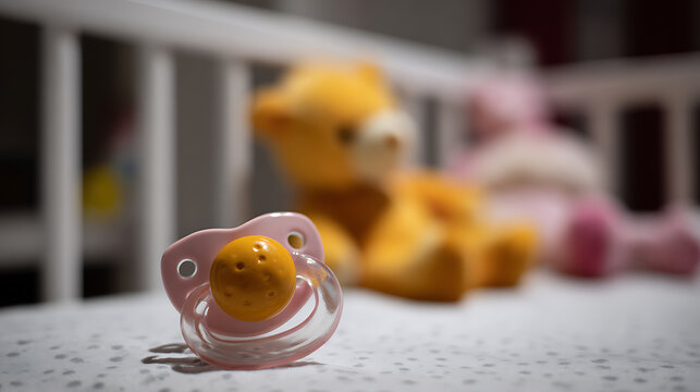 Close-up of a pink pacifier on a crib mattress with blurred plush toys in the background, conveying a sense of childhood and care