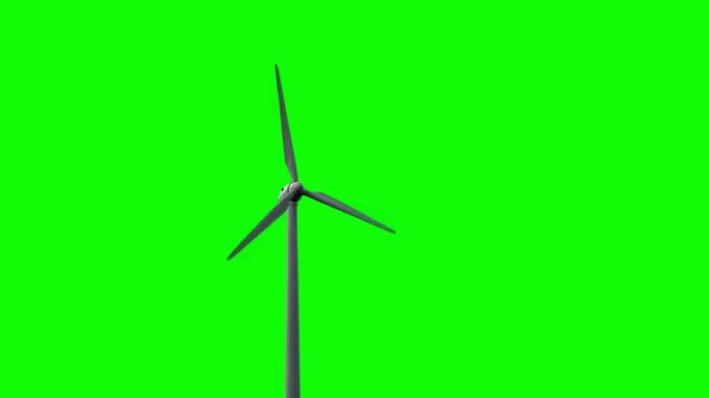 Single Renewable Energy Wind Turbine Rotating on Chroma Key Green Screen Background for Eco Concepts