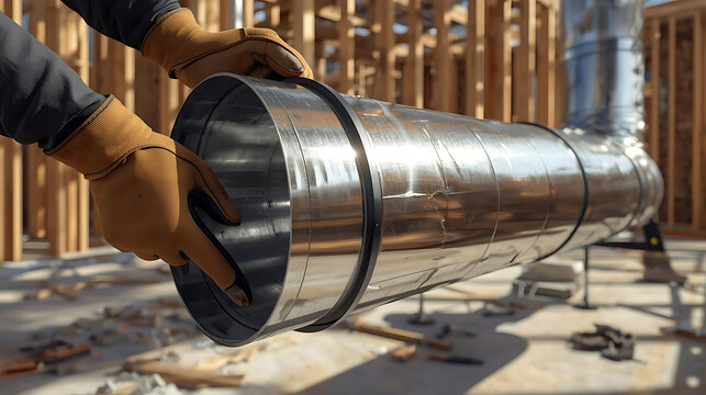 Professional HVAC worker installing shiny metallic ventilation ductwork at a residential construction site. Hands in protective gloves working on air conditioning system installation for new home b
