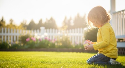 A Child's Playful Moment: A young child, bathed in the warmth of the sun, finds joy in a simple game within a lush green yard, creating a perfect scene of innocence and carefree living.