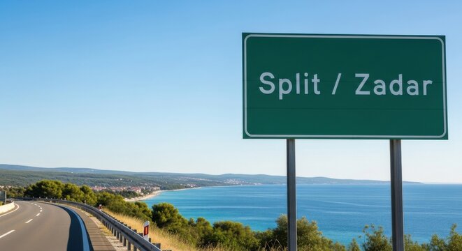 Coastal Road Signage Pointing Towards Split and Zadar Destinations