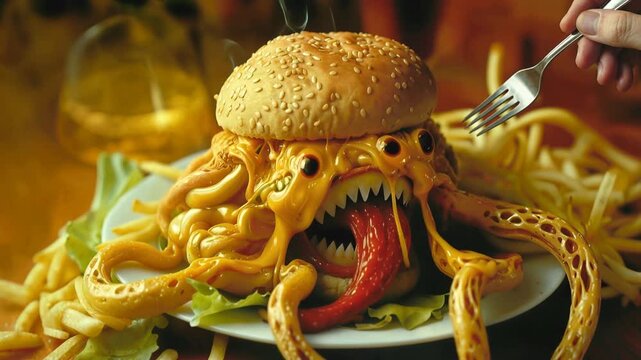 Surreal burger monster with cheese tentacles and sharp teeth on dinner plate. Close-up shot of creative food art.