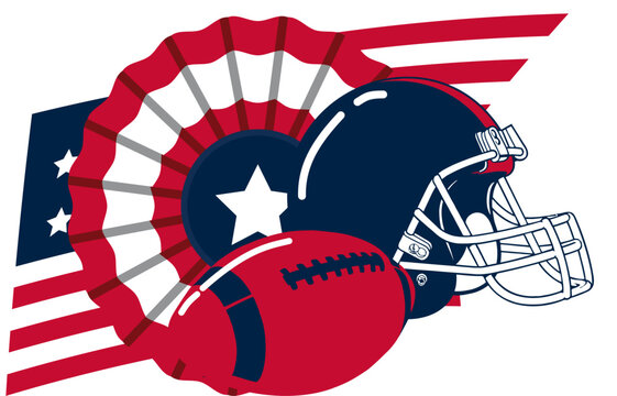 Nautical blue, red, and silver football helmet, ball and American flag vector, bold sport design blending hockey and street art graffiti lettering, multicolor typography art illustration